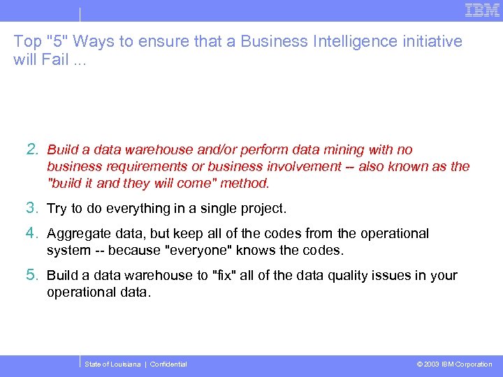 Top "5" Ways to ensure that a Business Intelligence initiative will Fail. . .