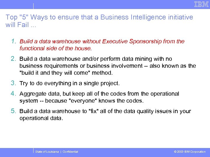 Top "5" Ways to ensure that a Business Intelligence initiative will Fail. . .