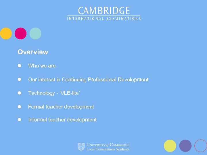 Overview l Who we are l Our interest in Continuing Professional Development l Technology