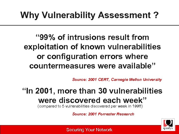 Why Vulnerability Assessment ? “ 99% of intrusions result from exploitation of known vulnerabilities