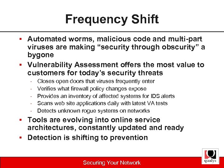 Frequency Shift § Automated worms, malicious code and multi-part viruses are making “security through