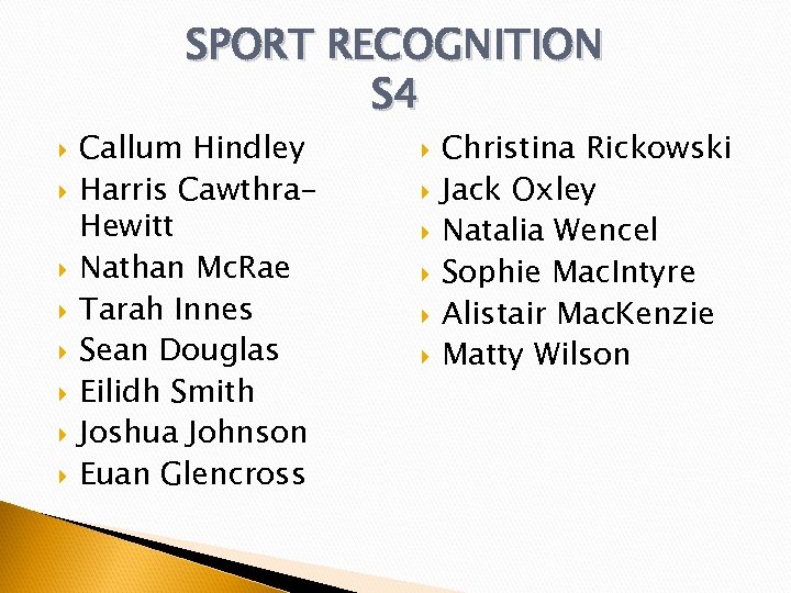 SPORT RECOGNITION S 4 Callum Hindley Harris Cawthra. Hewitt Nathan Mc. Rae Tarah Innes