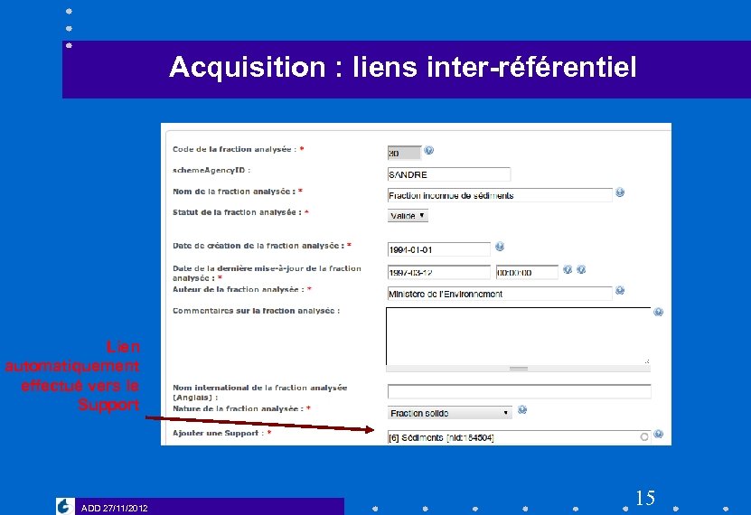 Acquisition : liens inter-référentiel Lien automatiquement effectué vers le Support ADD 27/11/2012 15 