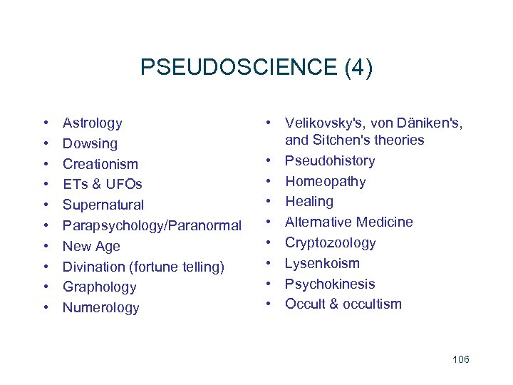 PSEUDOSCIENCE (4) • • • Astrology Dowsing Creationism ETs & UFOs Supernatural Parapsychology/Paranormal New