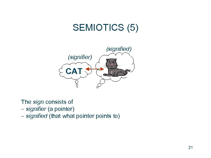 SEMIOTICS (5) (signified) (signifier) CAT The sign consists of – signifier (a pointer) –