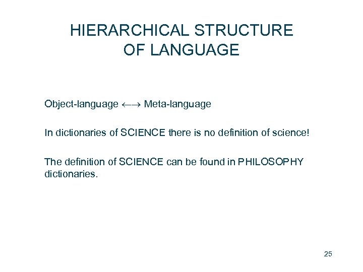 HIERARCHICAL STRUCTURE OF LANGUAGE Object-language Meta-language In dictionaries of SCIENCE there is no definition