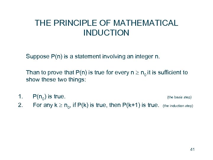 THE PRINCIPLE OF MATHEMATICAL INDUCTION Suppose P(n) is a statement involving an integer n.
