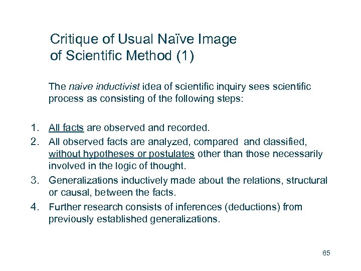 Critique of Usual Naïve Image of Scientific Method (1) The naive inductivist idea of