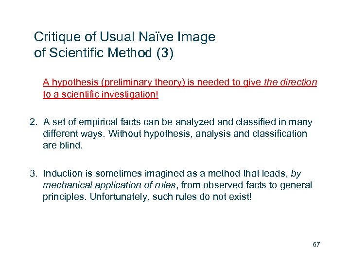 Critique of Usual Naïve Image of Scientific Method (3) A hypothesis (preliminary theory) is