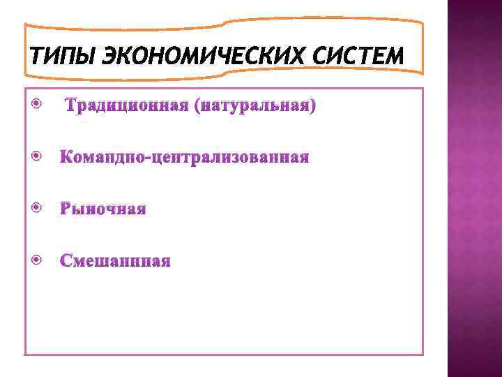  Традиционная (натуральная) Командно-централизованная Рыночная Смешаннная 