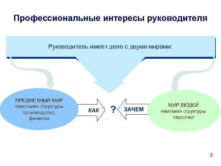 Профессиональные интересы руководителя Руководитель имеет дело с двумя мирами: ПРЕДМЕТНЫЙ МИР «жесткие» структуры производство,