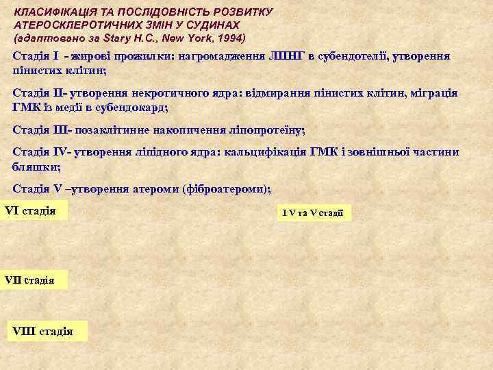 КЛАСИФІКАЦІЯ ТА ПОСЛІДОВНІСТЬ РОЗВИТКУ АТЕРОСКЛЕРОТИЧНИХ ЗМІН У СУДИНАХ (адаптовано за Stary H. C. ,