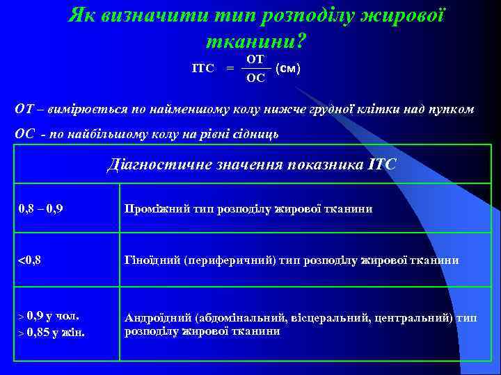 Як визначити тип розподілу жирової тканини? ІТС = ОТ (см) ОС ОТ – вимірюється