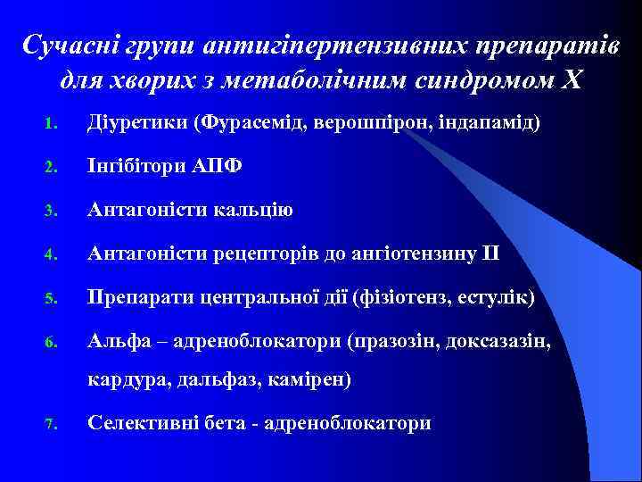 Сучасні групи антигіпертензивних препаратів для хворих з метаболічним синдромом Х 1. Діуретики (Фурасемід, верошпірон,