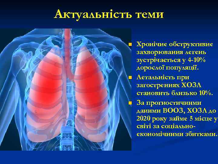 Актуальність теми n n n Хронічне обструктивне захворювання легень зустрічається у 4 -10% дорослої