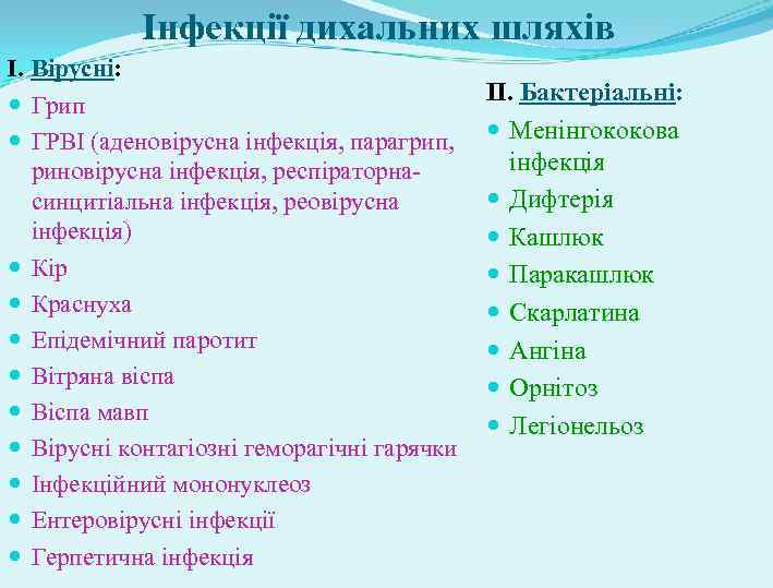 Інфекції дихальних шляхів I. Вірусні: Грип ГРВІ (аденовірусна інфекція, парагрип, риновірусна інфекція, респіраторнасинцитіальна інфекція,