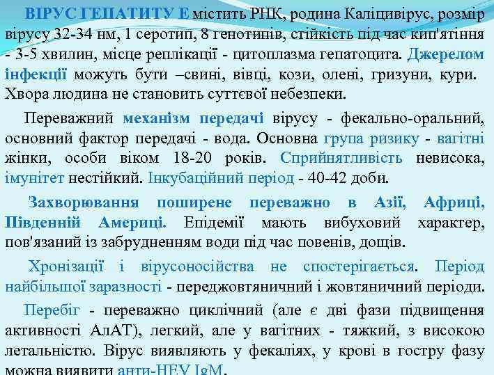 ВІРУС ГЕПАТИТУ Е містить РНК, родина Каліцивірус, розмір вірусу 32 -34 нм, 1 серотип,