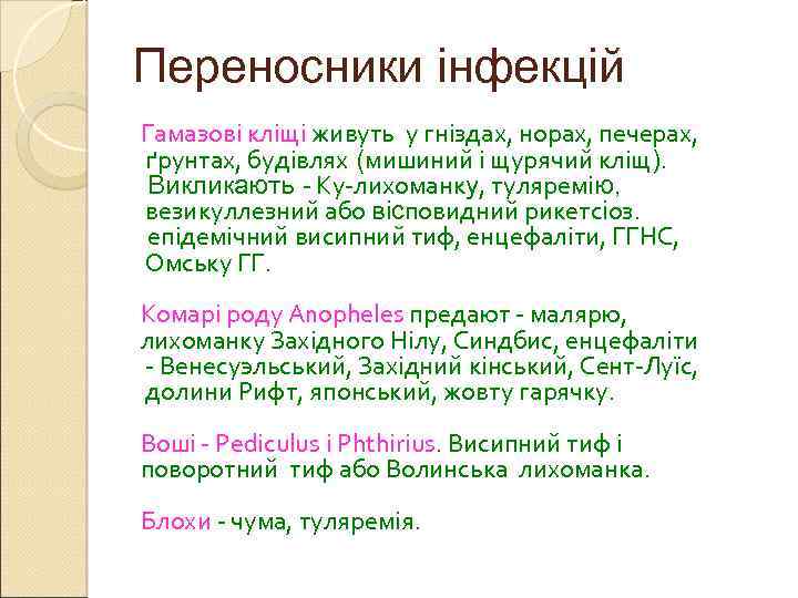 Переносники інфекцій Гамазові кліщі живуть у гніздах, норах, печерах, ґрунтах, будівлях (мишиний і щурячий