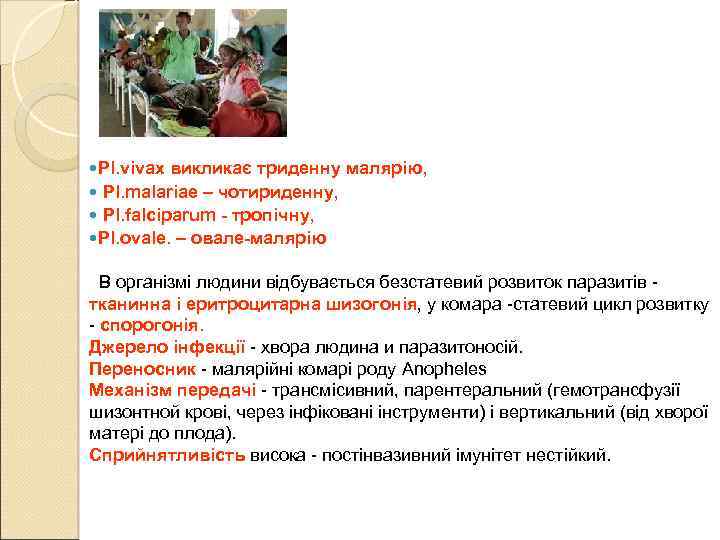  Pl. vivax викликає триденну малярію, Pl. malariae – чотириденну, Pl. falciparum - тропічну,