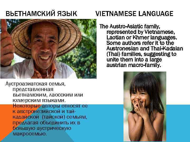 ВЬЕТНАМСКИЙ ЯЗЫК VIETNAMESE LANGUAGE The Austro-Asiatic family, represented by Vietnamese, Laotian or Khmer languages.