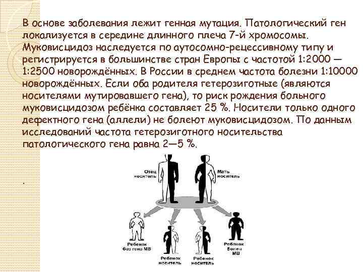 В основе заболевания лежит генная мутация. Патологический ген локализуется в середине длинного плеча 7