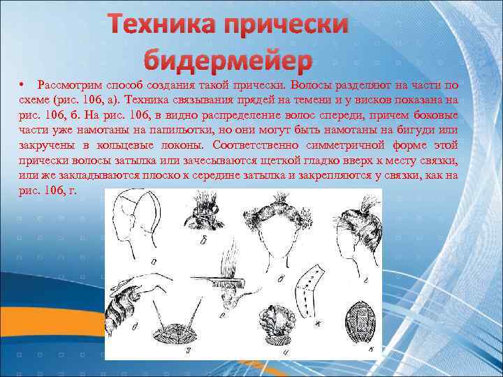 Техника прически бидермейер • Рассмотрим способ создания такой прически. Волосы разделяют на части по