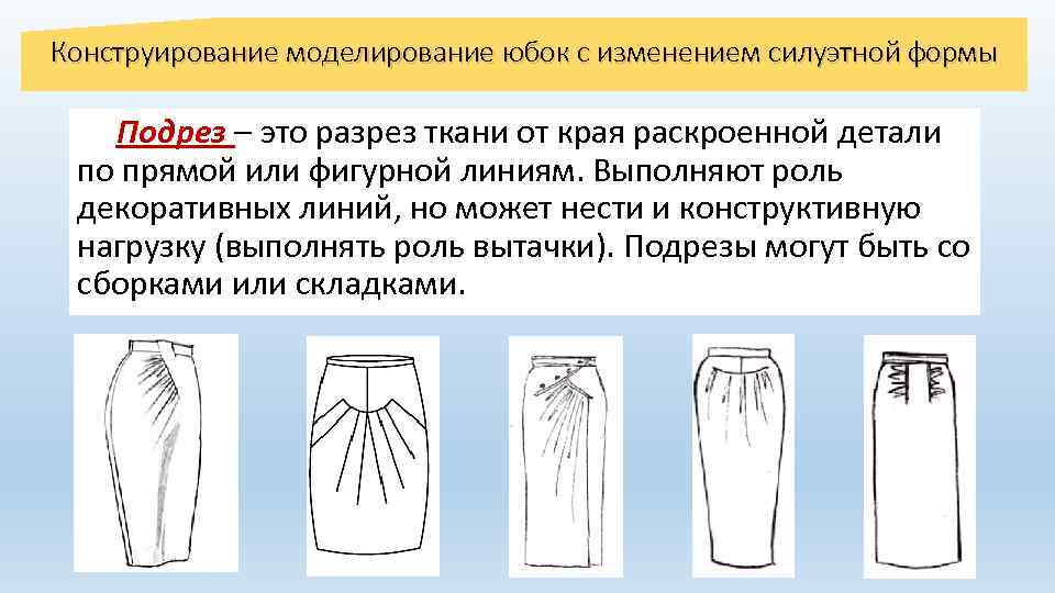 Конструирование моделирование юбок с изменением силуэтной формы Подрез – это разрез ткани от края