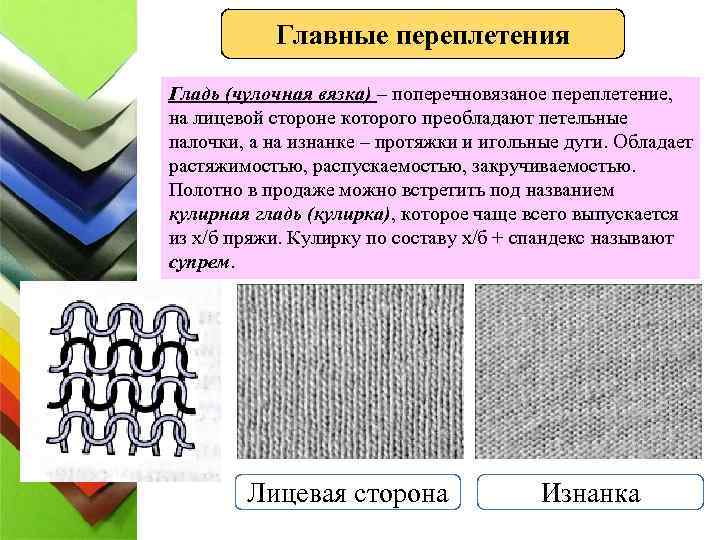 Главные переплетения Гладь (чулочная вязка) – поперечновязаное переплетение, на лицевой стороне которого преобладают петельные
