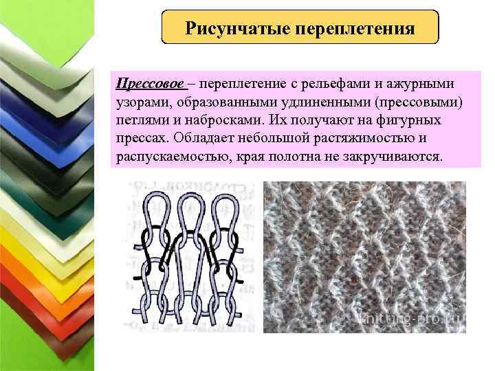 Рисунчатые переплетения Прессовое – переплетение с рельефами и ажурными узорами, образованными удлиненными (прессовыми) петлями