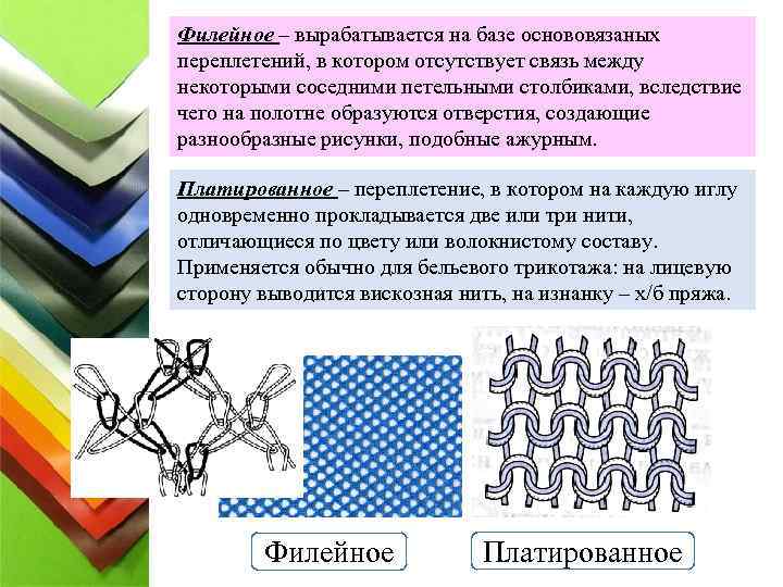 Филейное – вырабатывается на базе основовязаных переплетений, в котором отсутствует связь между некоторыми соседними