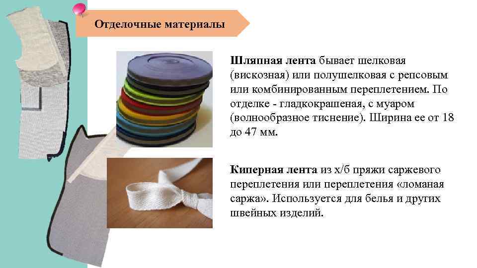 Отделочные материалы Шляпная лента бывает шелковая (вискозная) или полушелковая с репсовым или комбинированным переплетением.