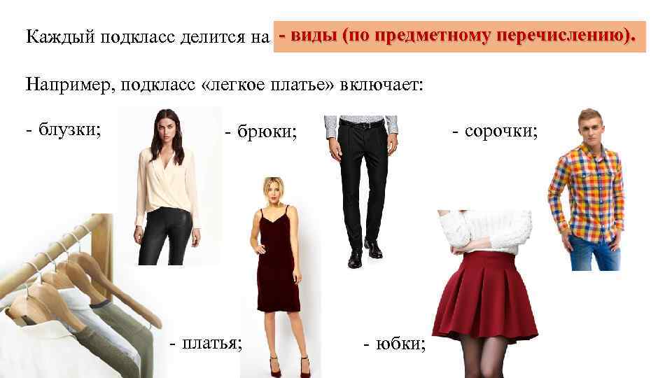 Каждый подкласс делится на - виды (по предметному перечислению). Например, подкласс «легкое платье» включает: