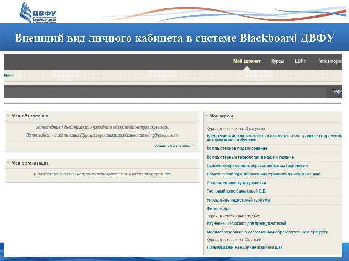 Внешний вид личного кабинета в системе Blackboard ДВФУ 