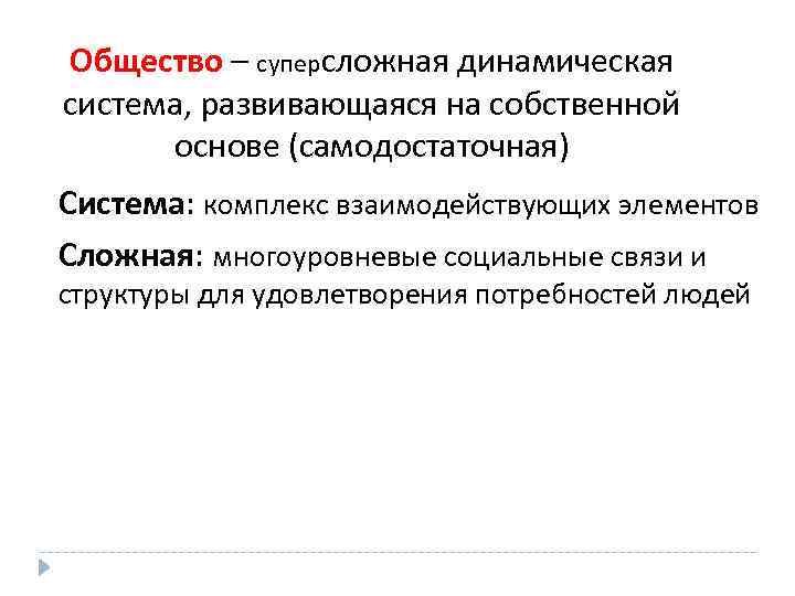 Общество – суперсложная динамическая система, развивающаяся на собственной основе (самодостаточная) Система: комплекс взаимодействующих элементов