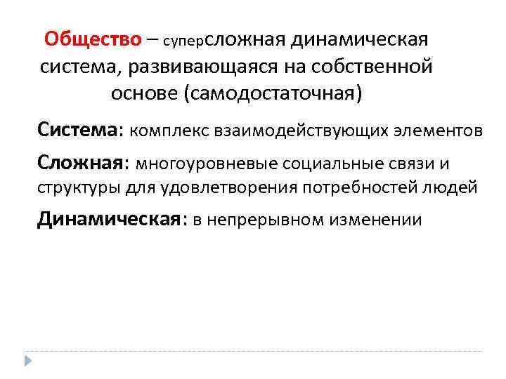 Общество – суперсложная динамическая система, развивающаяся на собственной основе (самодостаточная) Система: комплекс взаимодействующих элементов