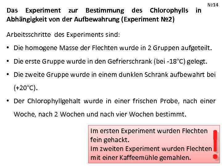 Das Experiment zur Bestimmung des Chlorophylls Abhängigkeit von der Aufbewahrung (Experiment № 2) in
