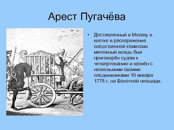 Арест Пугачёва • Доставленный в Москву в клетке в распоряжение следственной комиссии мятежный вождь