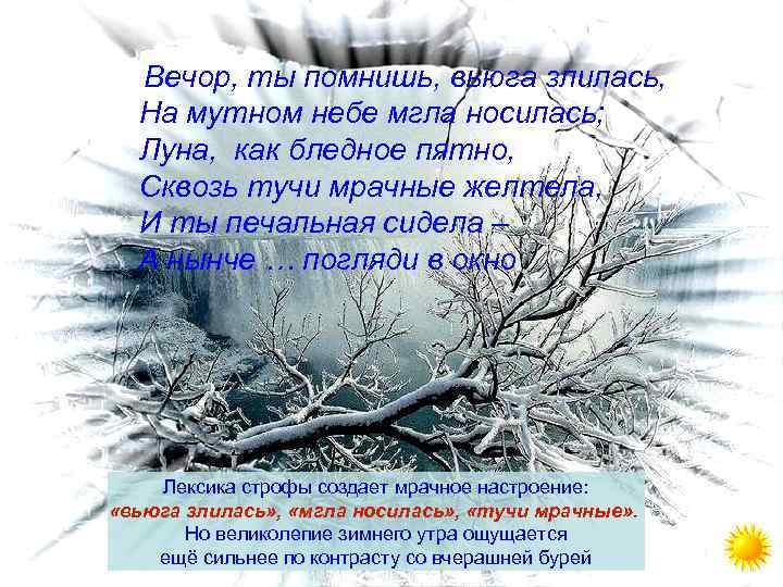 Вечор, ты помнишь, вьюга злилась, На мутном небе мгла носилась; Луна, как бледное пятно,