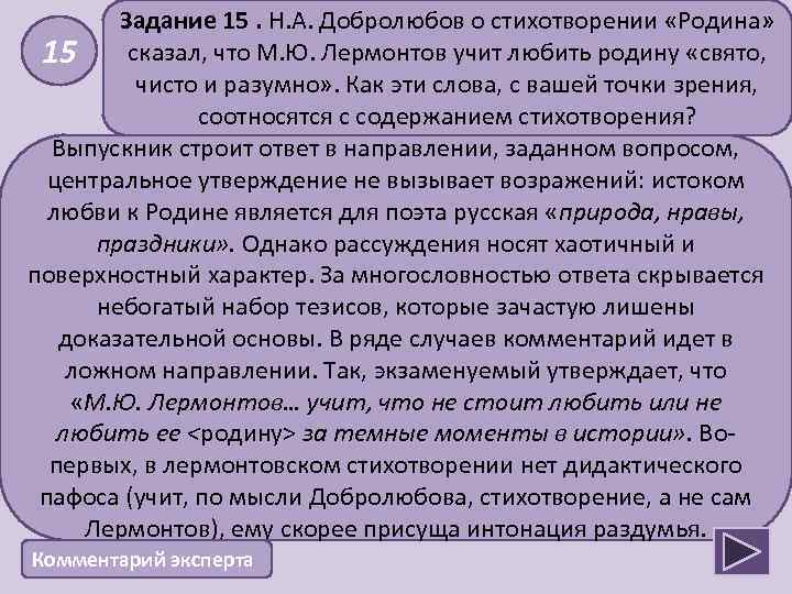 Задание 15. Н. А. Добролюбов о стихотворении «Родина» 15 сказал, что М. Ю. Лермонтов