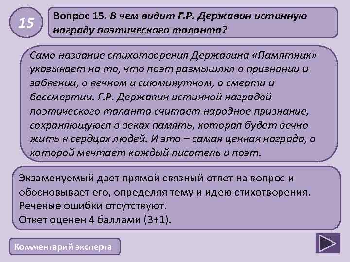 15 Вопрос 15. В чем видит Г. Р. Державин истинную награду поэтического таланта? Само