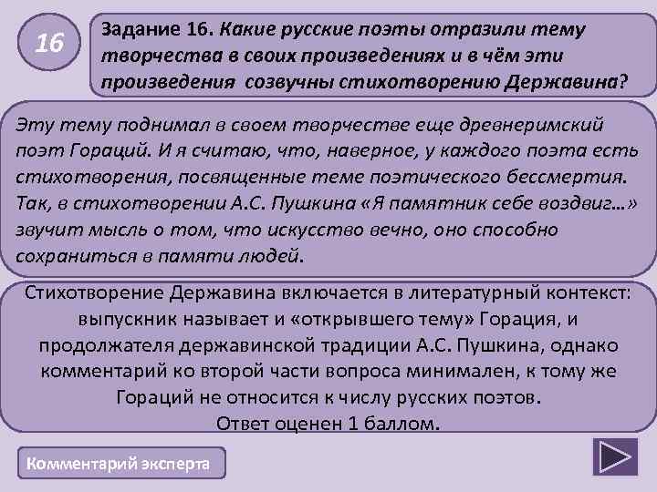 16 Задание 16. Какие русские поэты отразили тему творчества в своих произведениях и в