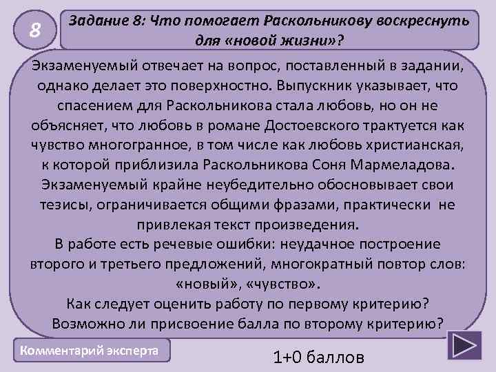 8 Задание 8: Что помогает Раскольникову воскреснуть для «новой жизни» ? Экзаменуемый отвечает на