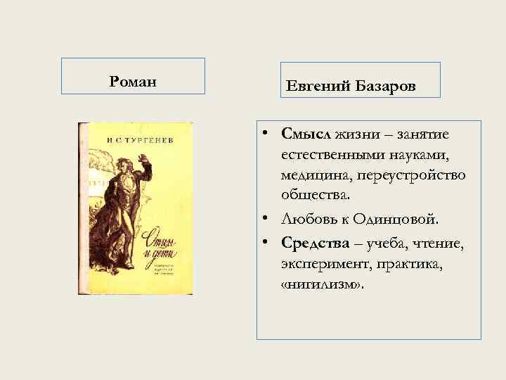 Роман Евгений Базаров • Смысл жизни – занятие естественными науками, медицина, переустройство общества. •