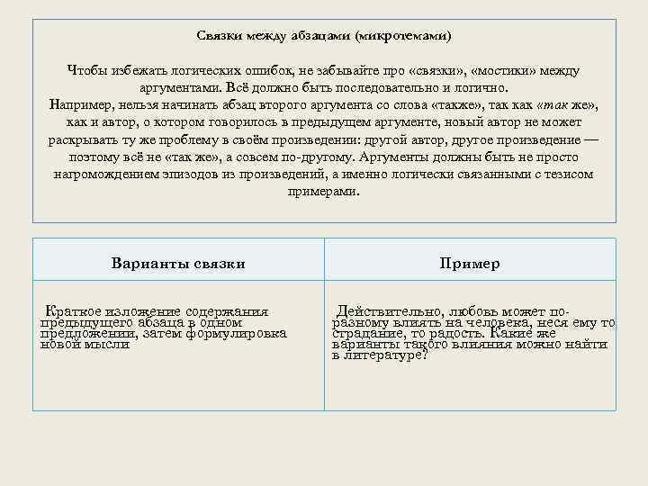 Связки между абзацами (микротемами) Чтобы избежать логических ошибок, не забывайте про «связки» , «мостики»