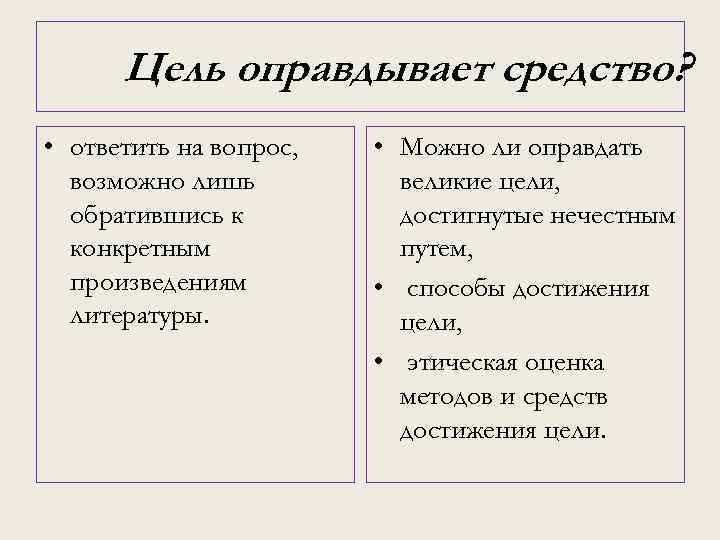 Цель оправдывает средство? • ответить на вопрос, возможно лишь обратившись к конкретным произведениям литературы.