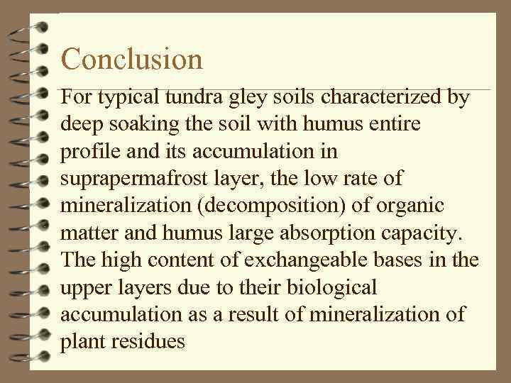 Сonclusion For typical tundra gley soils characterized by deep soaking the soil with humus