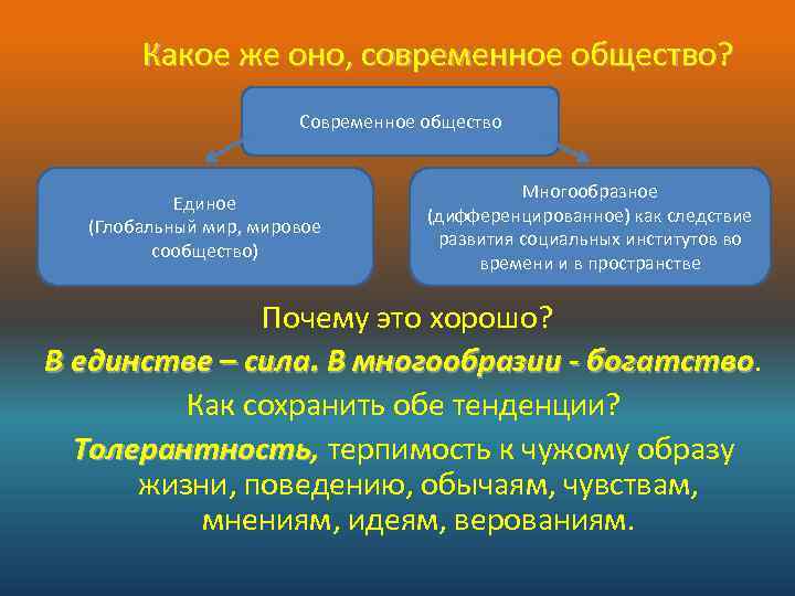 Какое же оно, современное общество? Современное общество Единое (Глобальный мир, мировое сообщество) Многообразное (дифференцированное)