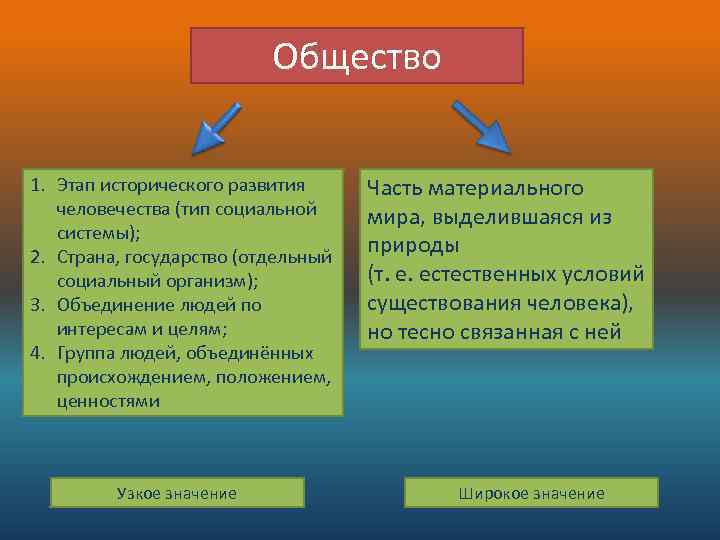 Общество 1. Этап исторического развития человечества (тип социальной системы); 2. Страна, государство (отдельный социальный