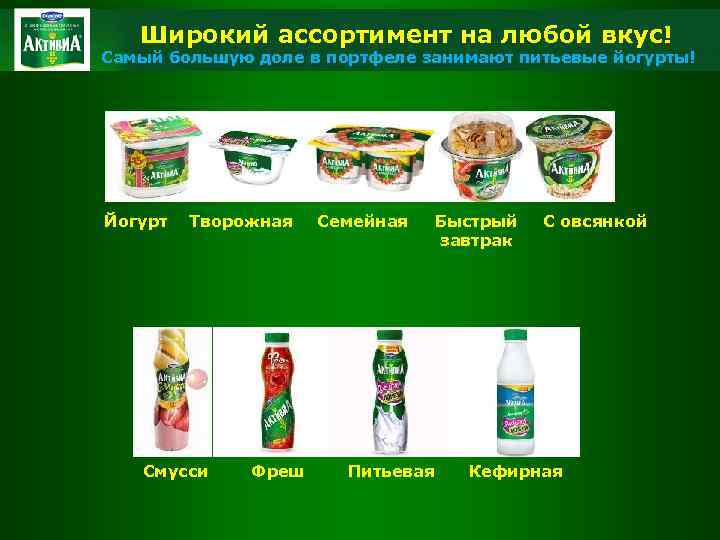 Широкий ассортимент на любой вкус! Самый большую доле в портфеле занимают питьевые йогурты! Йогурт
