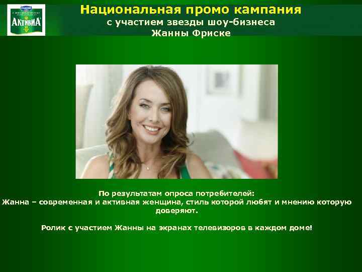 Национальная промо кампания с участием звезды шоу-бизнеса Жанны Фриске По результатам опроса потребителей: Жанна
